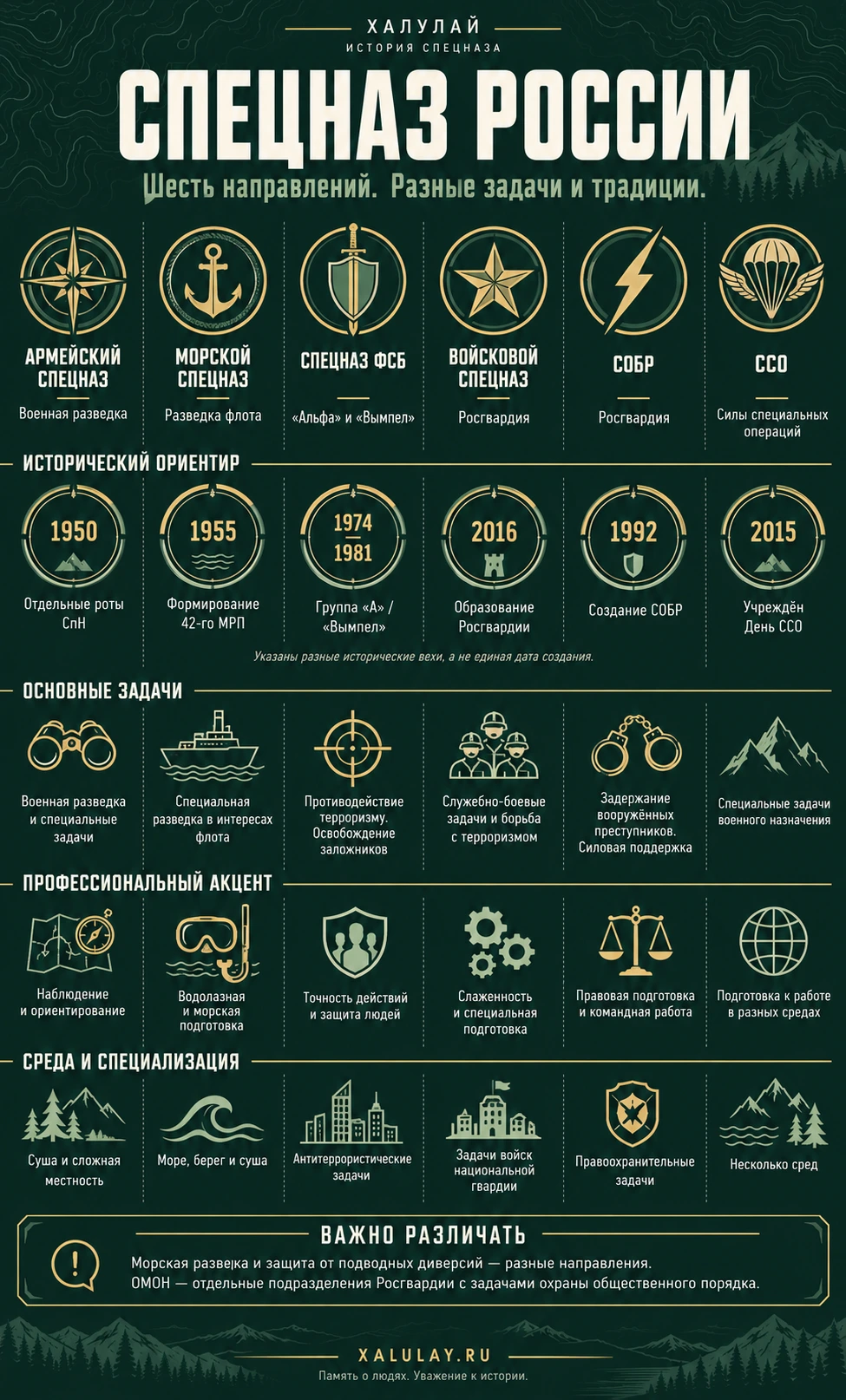 Спецназ России: шесть направлений, исторические вехи, задачи и профессиональные особенности. Текстовая версия расположена ниже.
